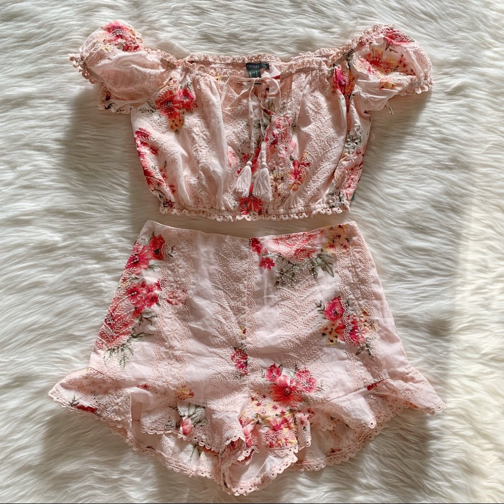 Forever 21 Pink Floral Embroidered Two Piece Set